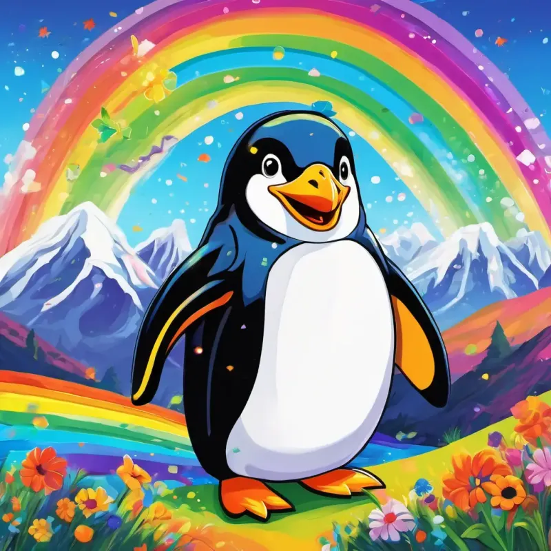 A happy penguin with a rainbow-colored coat and bright, sparkling eyes waddling in a vibrant and colorful landscape, surrounded by mountains, flowers, and a bright blue sky.