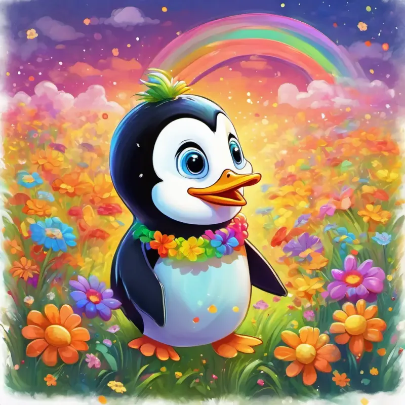 A happy penguin with a rainbow-colored coat and bright, sparkling eyes dancing and making playful sounds in a field of colorful flowers, with a big smile on his face.