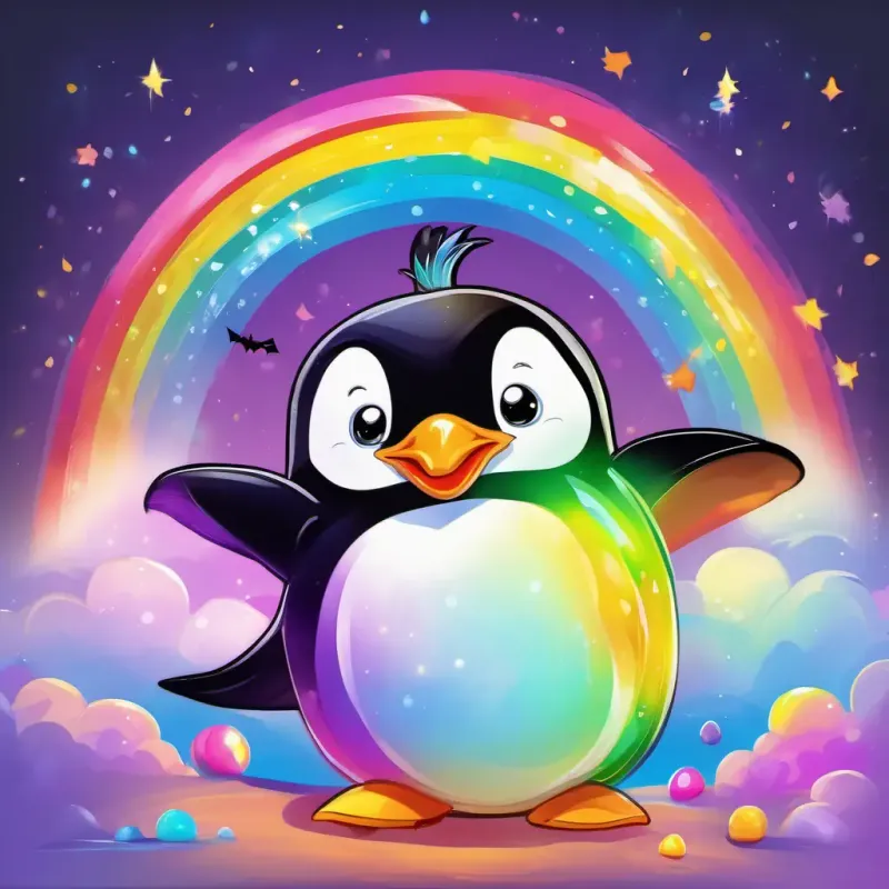 A happy penguin with a rainbow-colored coat and bright, sparkling eyes sliding down a huge, colorful rainbow with a joyful expression and flapping his flippers.