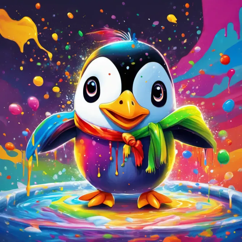 A happy penguin with a rainbow-colored coat and bright, sparkling eyes splashing into a pool of paint, with colors splattering all over him, creating a vibrant rainbow effect.
