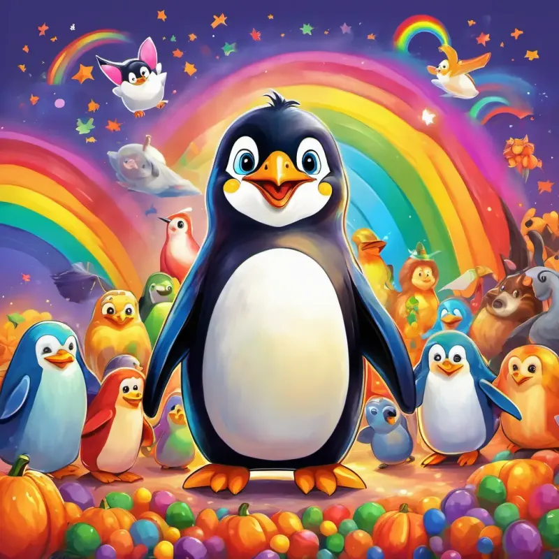 A happy penguin with a rainbow-colored coat and bright, sparkling eyes surrounded by laughing animals, looking happy and confident with his new rainbow colors.