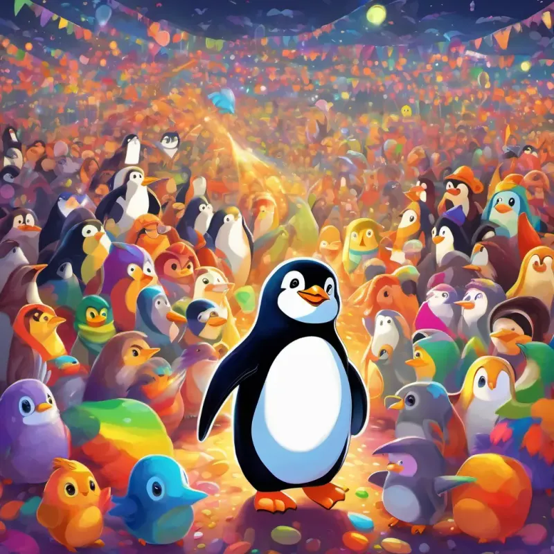A happy penguin with a rainbow-colored coat and bright, sparkling eyes proudly standing among a crowd of animals, all with smiles on their faces, enjoying the colorful scene.