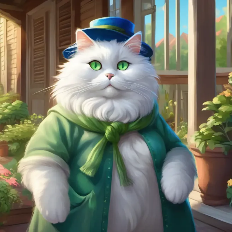 Introduction to White, fat cat with green eyes, very fluffy and Old lady with silver hair, wears glasses and blue hat, setting on a porch.