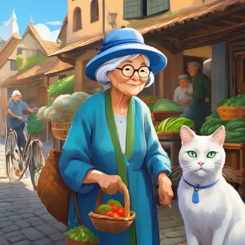 Old lady with silver hair, wears glasses and blue hat preparing to go to the market, talking to White, fat cat with green eyes, very fluffy.