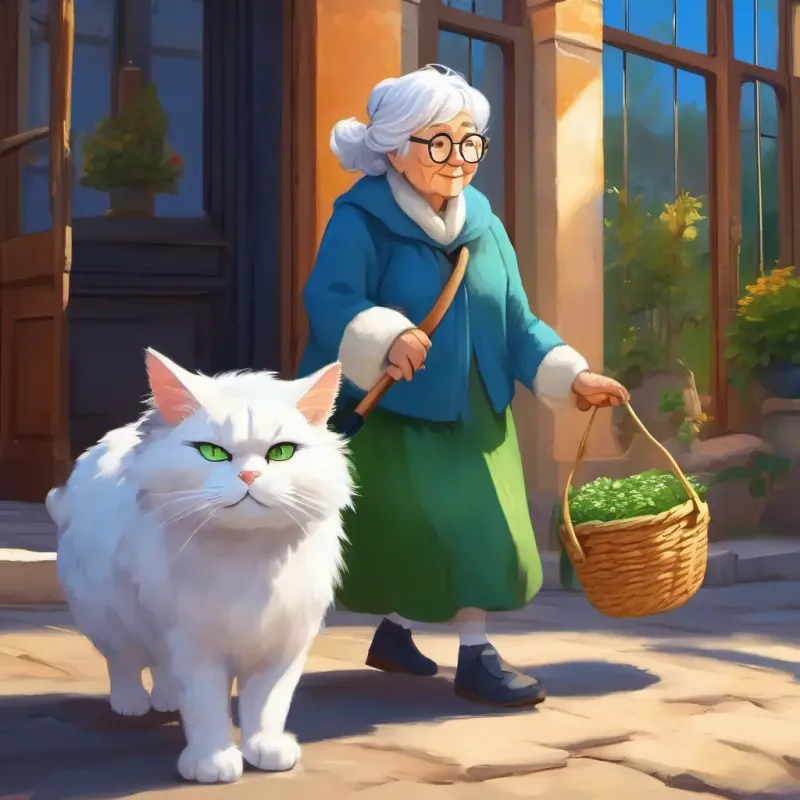 Returning home, Old lady with silver hair, wears glasses and blue hat gives White, fat cat with green eyes, very fluffy his treat, ending the day.