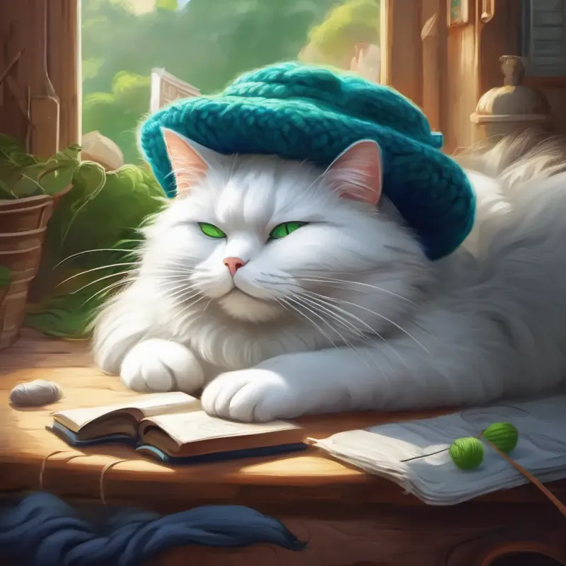 White, fat cat with green eyes, very fluffy taking a nap and dreaming, Old lady with silver hair, wears glasses and blue hat knitting nearby.