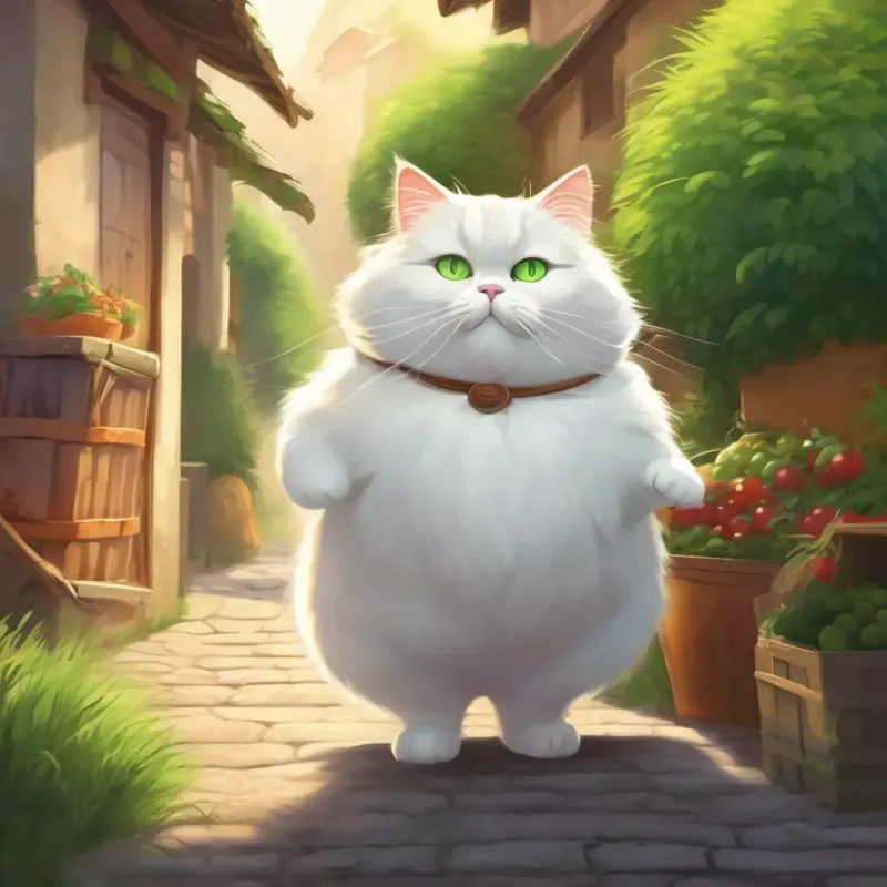 White, fat cat with green eyes, very fluffy agreeing and beginning the walk to the market.