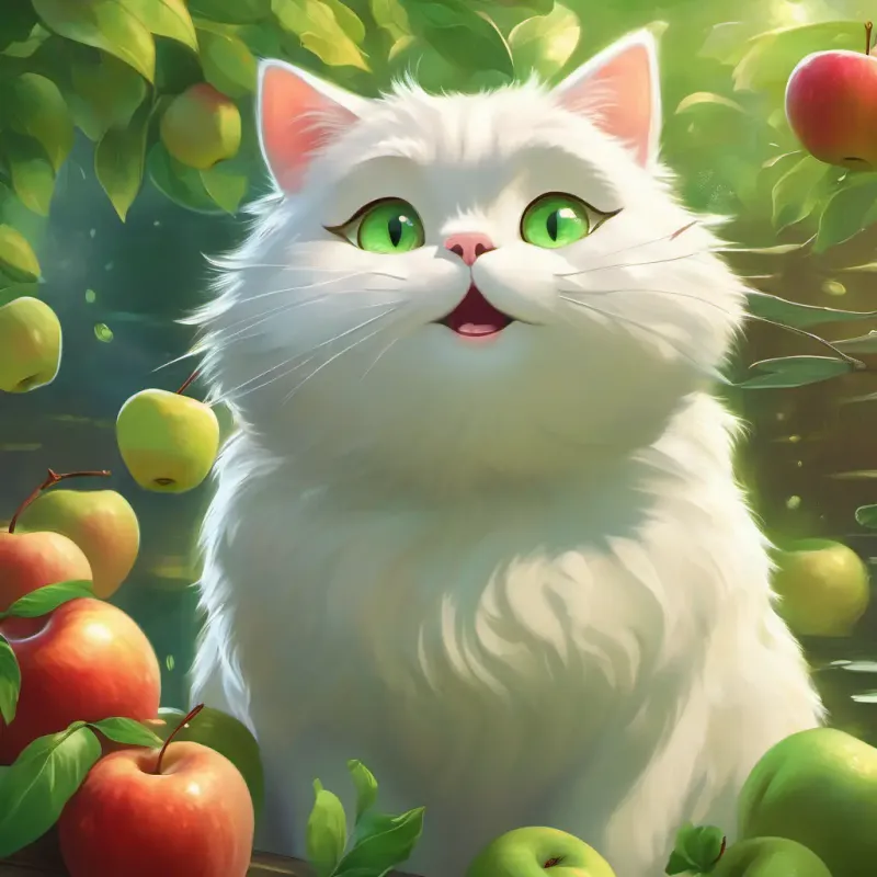 White, fat cat with green eyes, very fluffy interested in apples, then getting excited about fish.