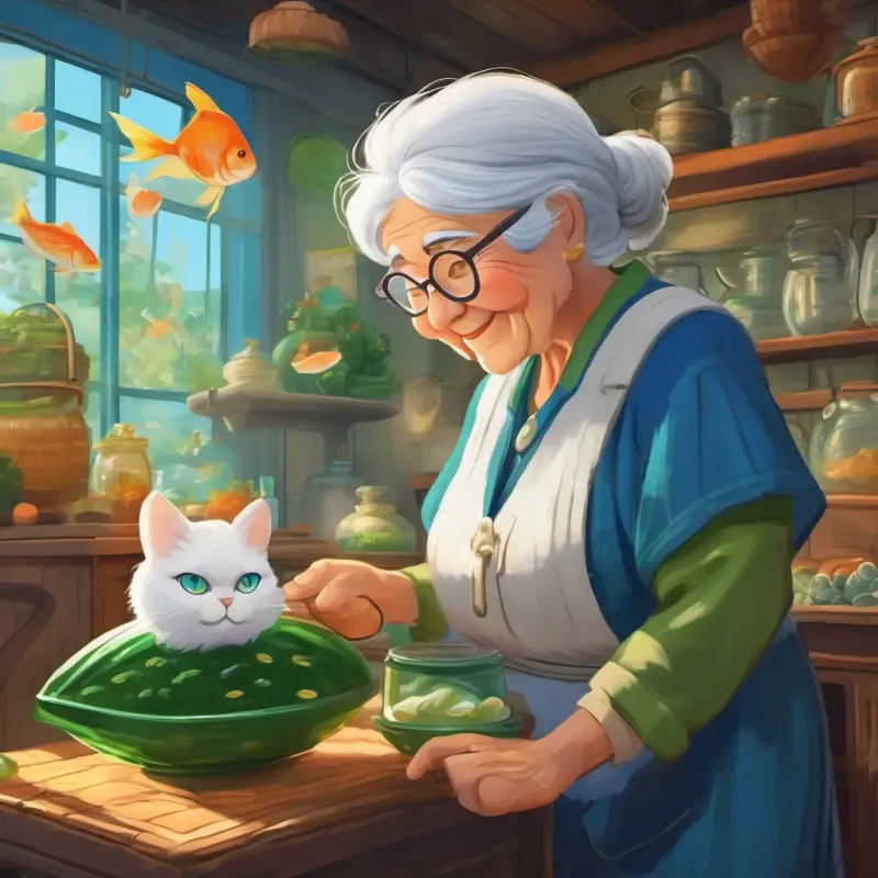 Old lady with silver hair, wears glasses and blue hat agreeing to buy fish, making White, fat cat with green eyes, very fluffy happy.
