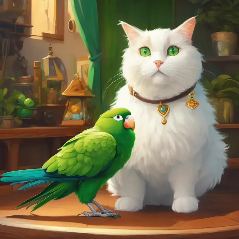 Encountering Mr. Green and his parrot, surprising White, fat cat with green eyes, very fluffy.