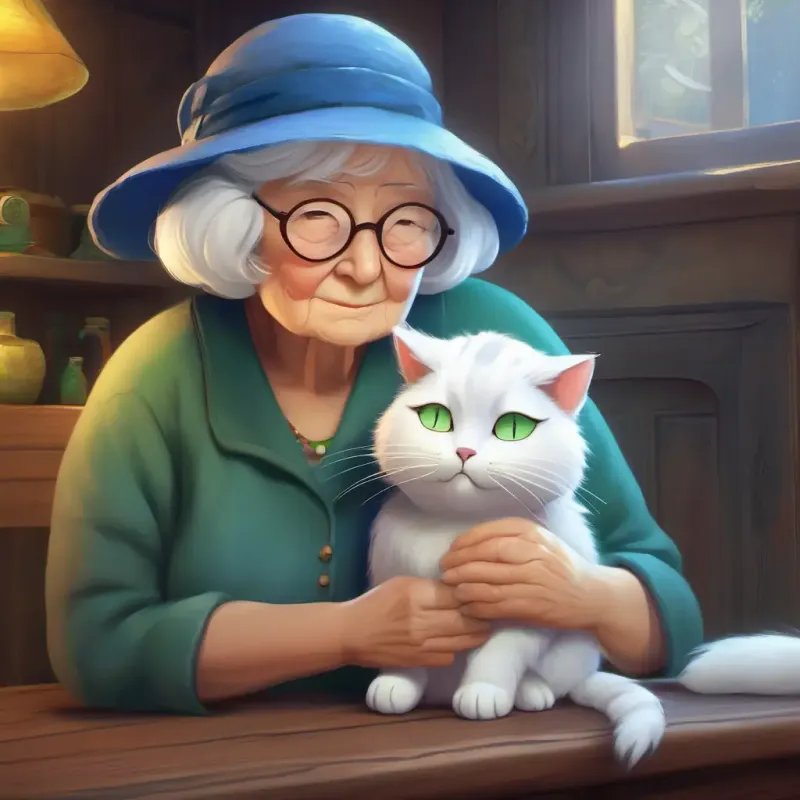 Old lady with silver hair, wears glasses and blue hat comforting White, fat cat with green eyes, very fluffy after the scare.