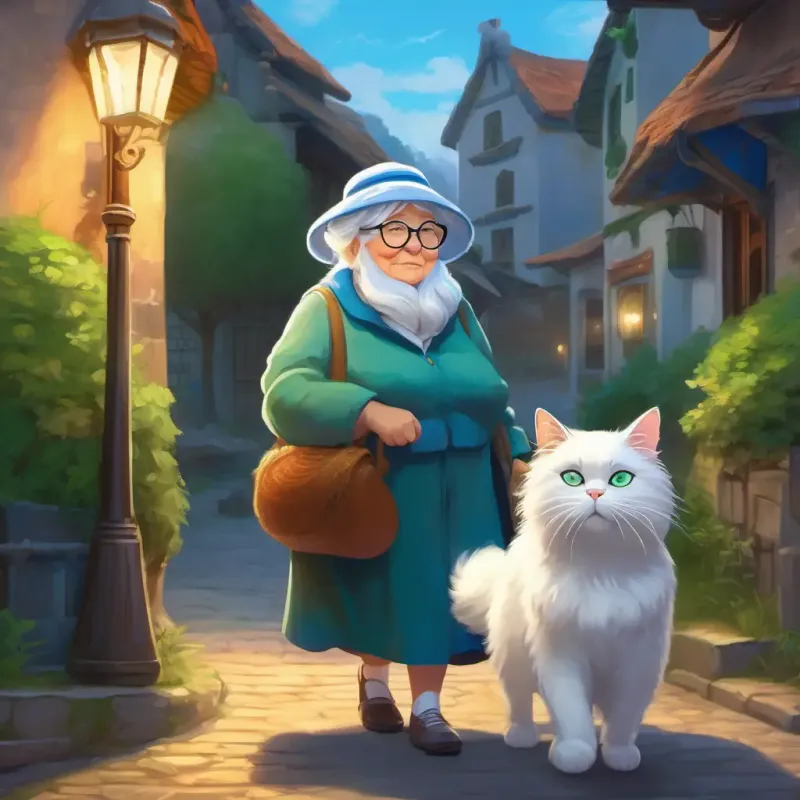 Old lady with silver hair, wears glasses and blue hat deciding to head home, White, fat cat with green eyes, very fluffy accompanies her.