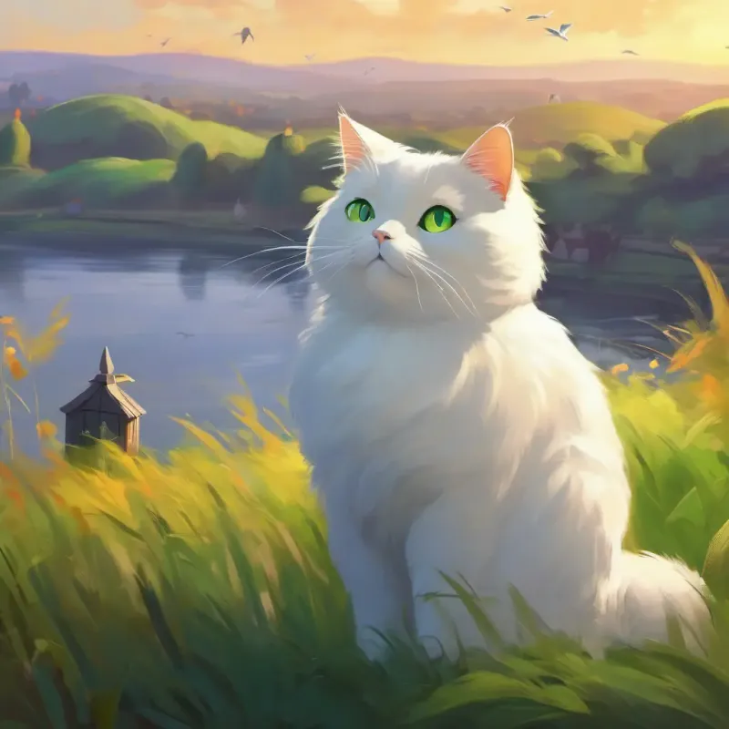 White, fat cat with green eyes, very fluffy observing birds on the way home, entertained.