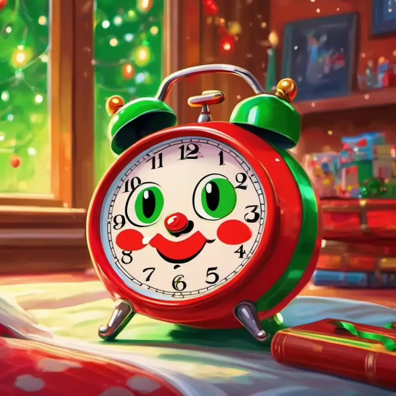 Introduction to the setting and the main character, Small red alarm clock, with bright green hands and a happy face the alarm clock, in a cozy bedroom.