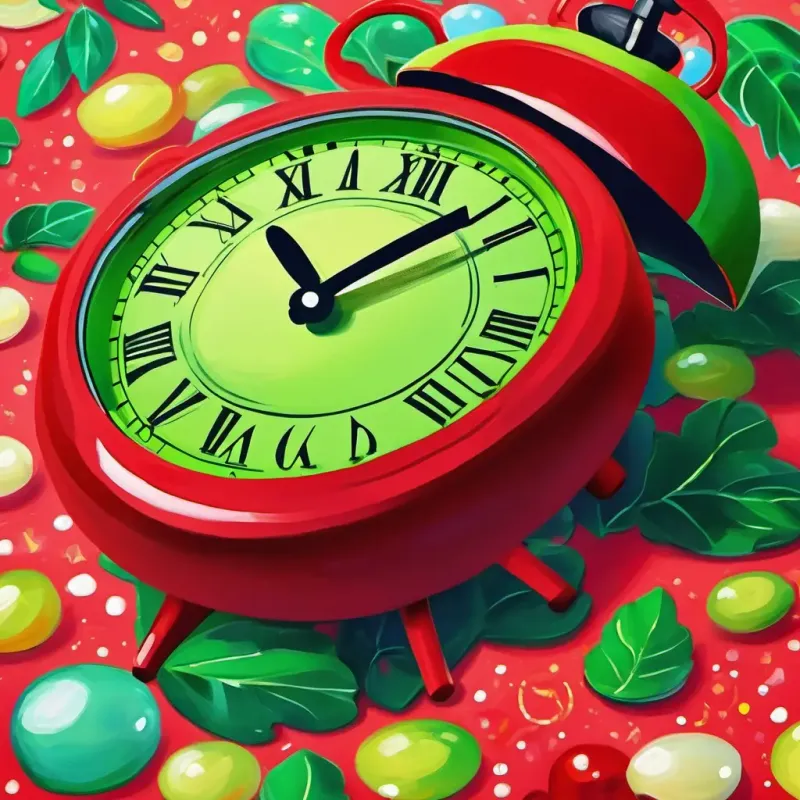 Small red alarm clock, with bright green hands and a happy face's resolution to make up for its mistake and promise to never oversleep again.