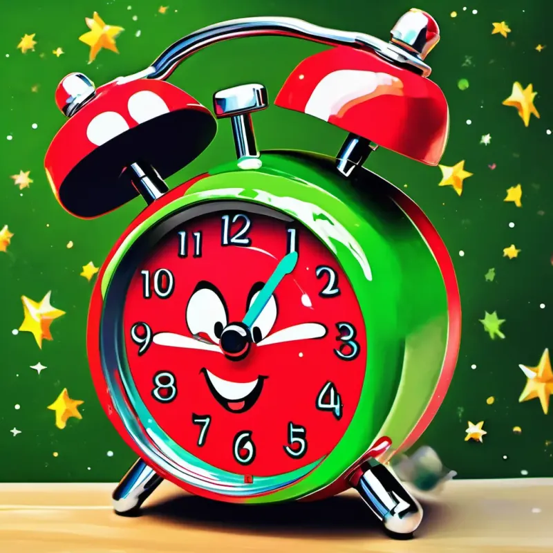 Small red alarm clock, with bright green hands and a happy face successfully wakes the family up on time, and everything goes smoothly.