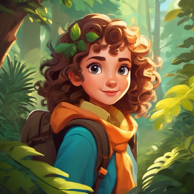 Introduces Girl with bright eyes, wild curls; ready for adventure and her home, she plans a forest adventure