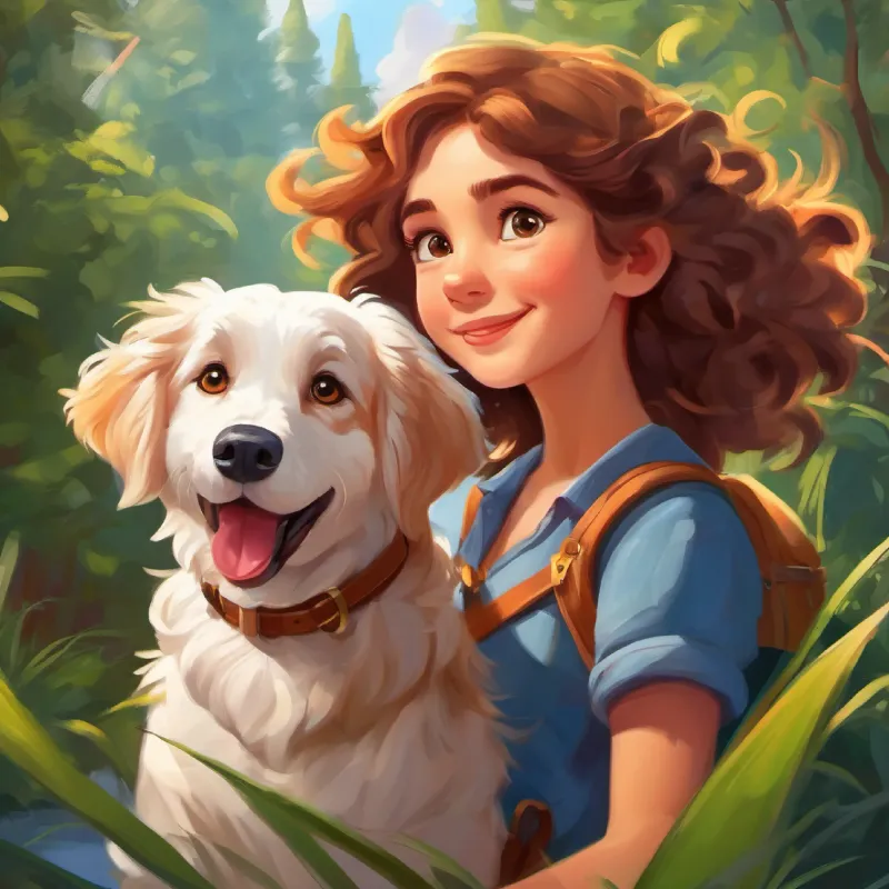 Girl with bright eyes, wild curls; ready for adventure prepares for the journey, Happy dog, wagging tail, Lily's faithful companion joins her
