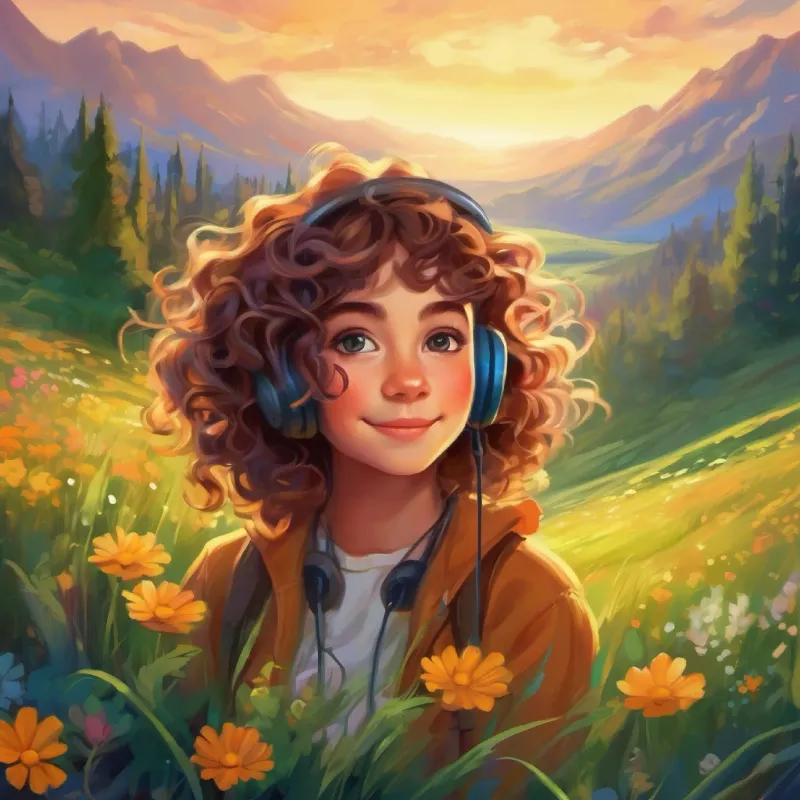 Nature's music plays, Girl with bright eyes, wild curls; ready for adventure enjoys the meadow