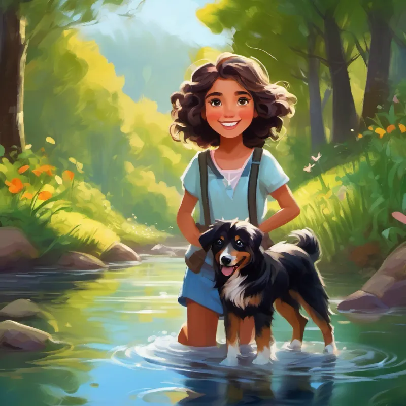 Girl with bright eyes, wild curls; ready for adventure and Happy dog, wagging tail, Lily's faithful companion cross a brook playfully