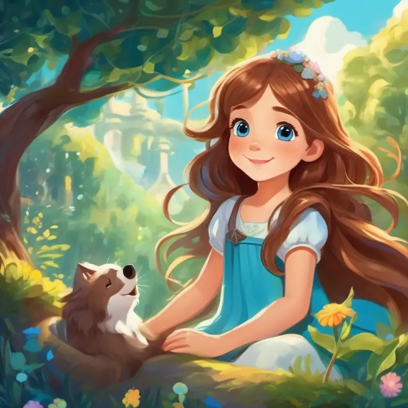 Introduction to the setting and main character, magical kingdom and Kind girl with long brown hair, blue eyes, and a radiant smile, playful and whimsical