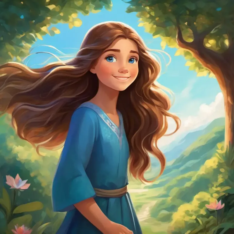 Kind girl with long brown hair, blue eyes, and a radiant smile's determination and dream, hopeful and imaginative