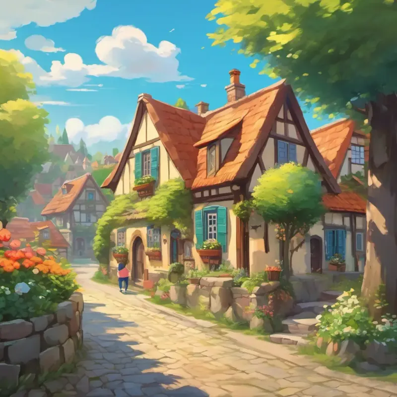The story begins in a quaint village, with Lily as the main character. The setting is a peaceful and picturesque town, with colorful houses and friendly neighbors.