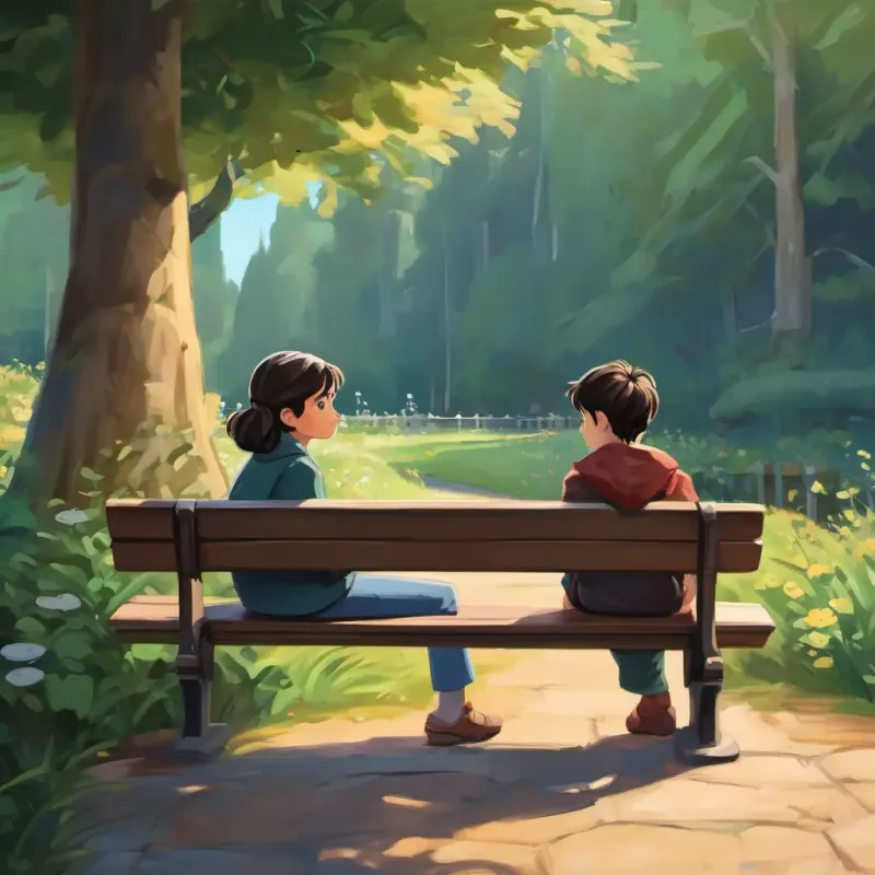 Lily discovers a boy sitting alone on a bench, looking sad. She approaches him with a concerned expression, showing her empathy. The boy's body language and facial expression convey his sadness.