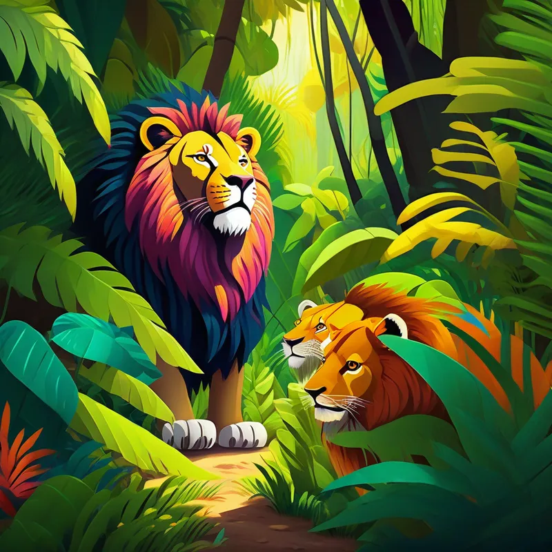 A sunny jungle with colorful animals and a fierce lion