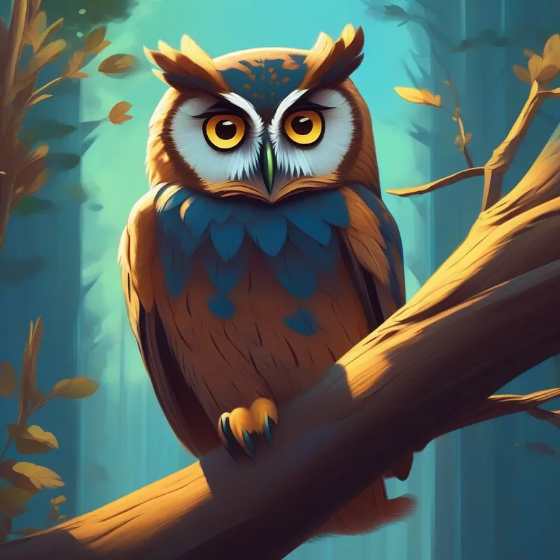 Owl perched on a branch, Leo sitting with a worried expression
