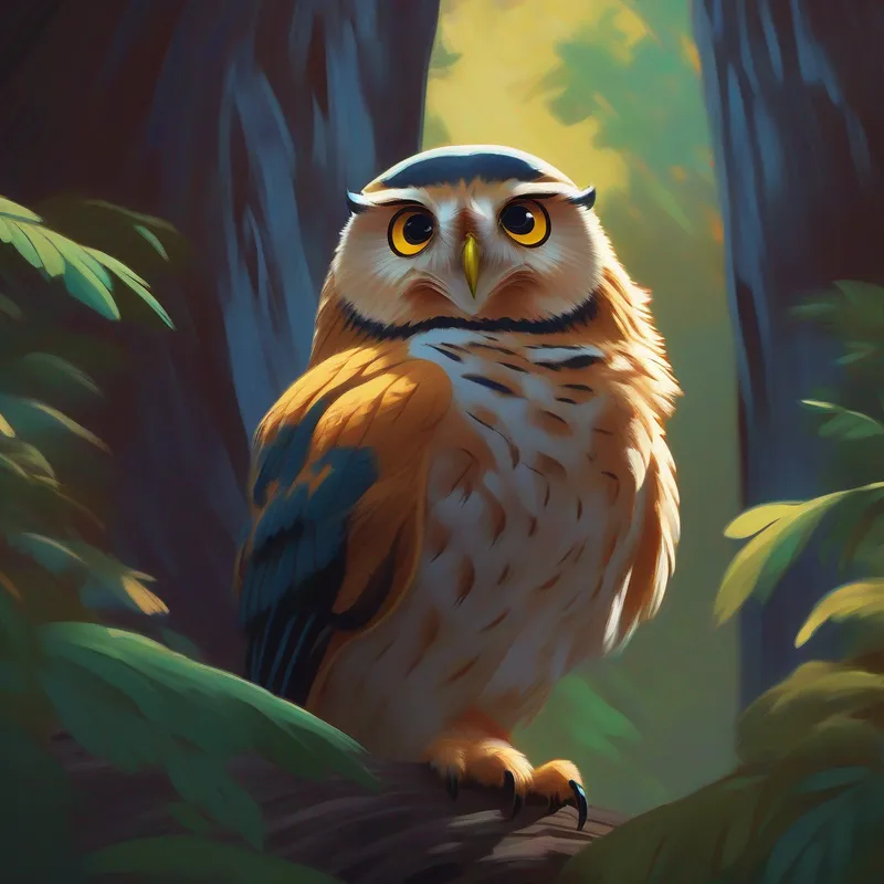 Leo talking with a determined look, owl listening attentively
