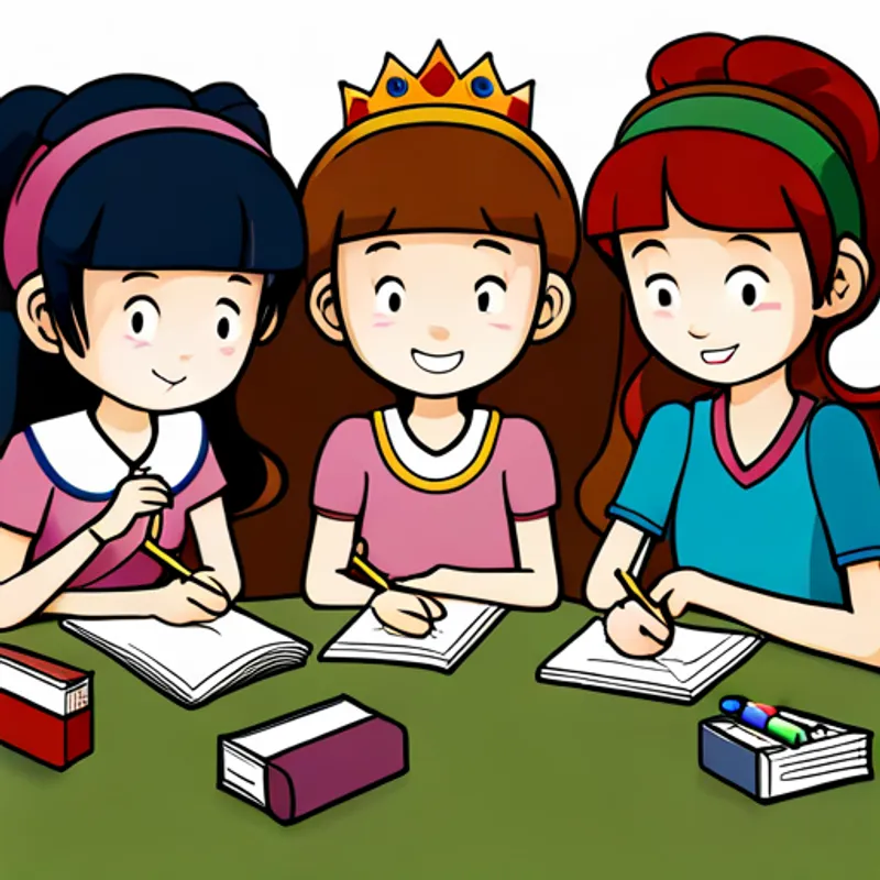 Three princesses sitting at a table with coloring books