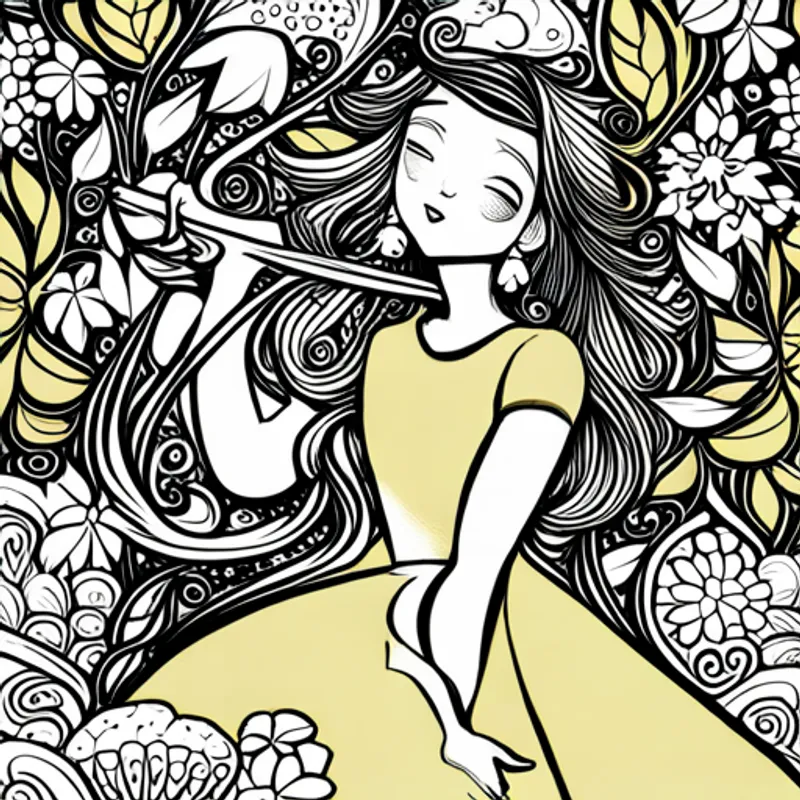 Yellow princess surrounded by flowers. wearing a yellow dress, surrounded by flowers