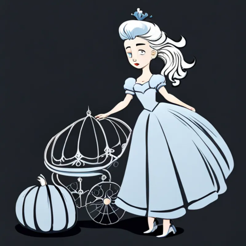 Blue princess next to a pumpkin carriage. wearing a blue dress, next to a pumpkin carriage