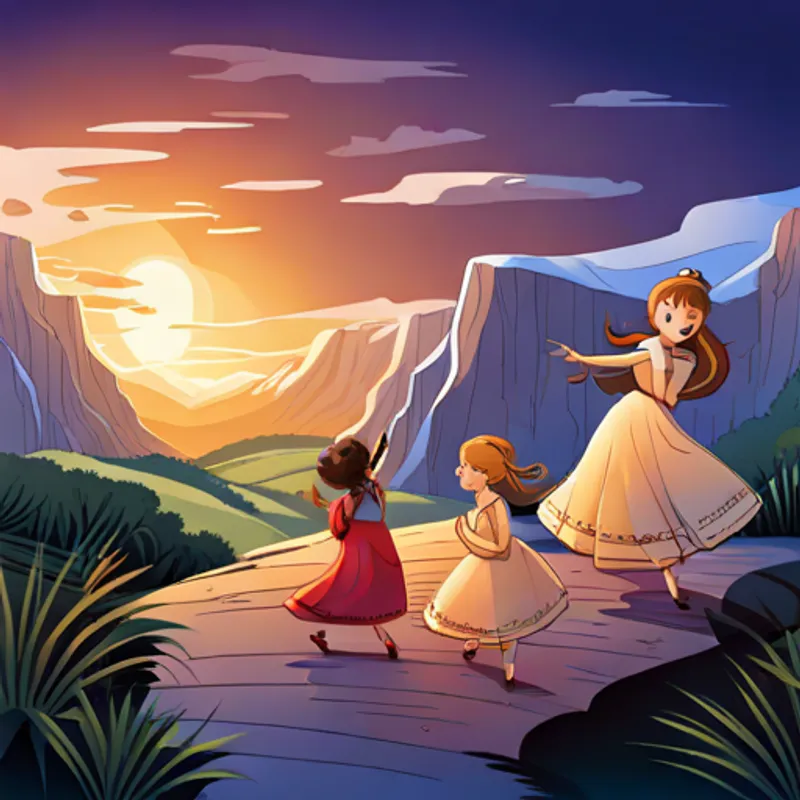 Princesses and animals dancing and playing in a rainbow-colored world