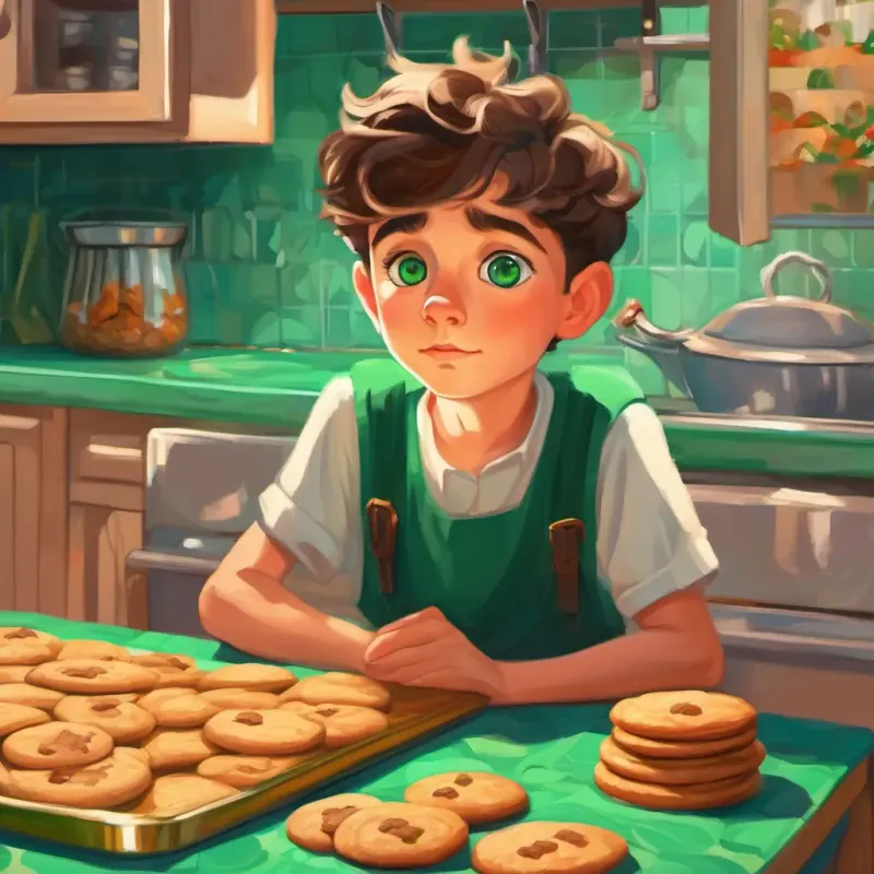 Young boy with big green eyes, fair skin, and a curious expression in the kitchen, eyeing cookies, remembering mom's words on self-management.