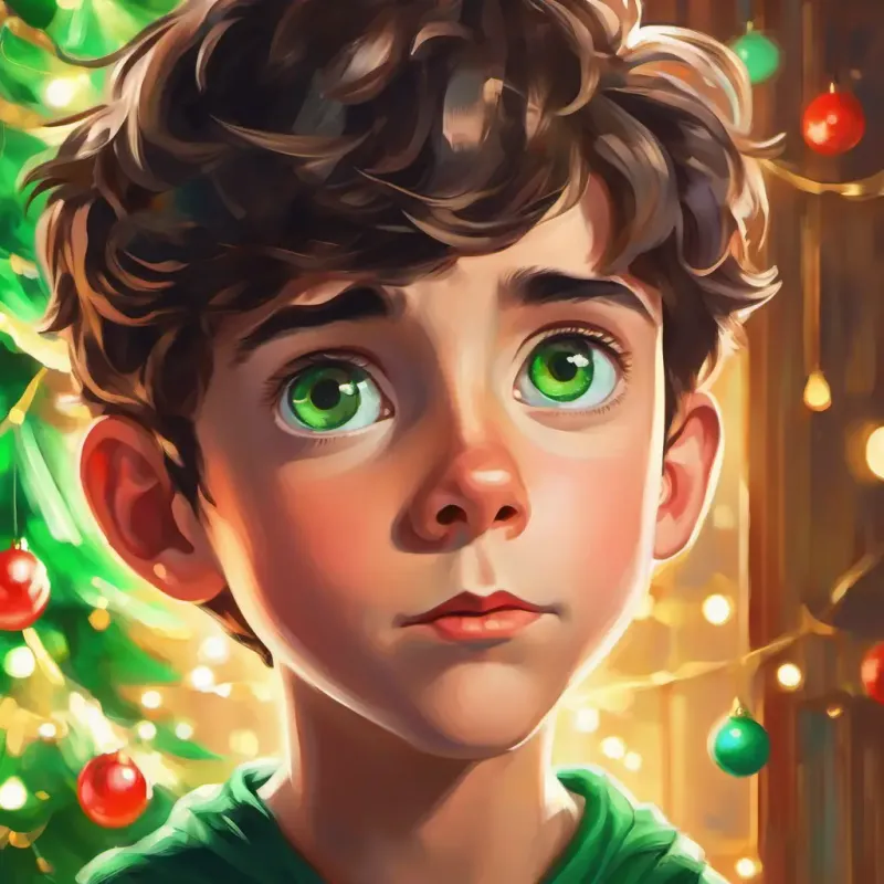 Young boy with big green eyes, fair skin, and a curious expression's eyes sparkling with wisdom, empowered by self-management, containing impulses and guiding actions thoughtfully.