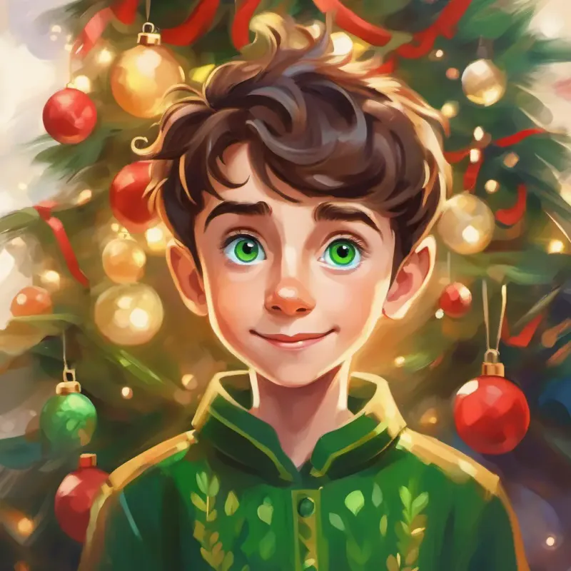 Young boy with big green eyes, fair skin, and a curious expression learning about self-management's impact, growing wiser and more responsible, smiling with satisfaction.