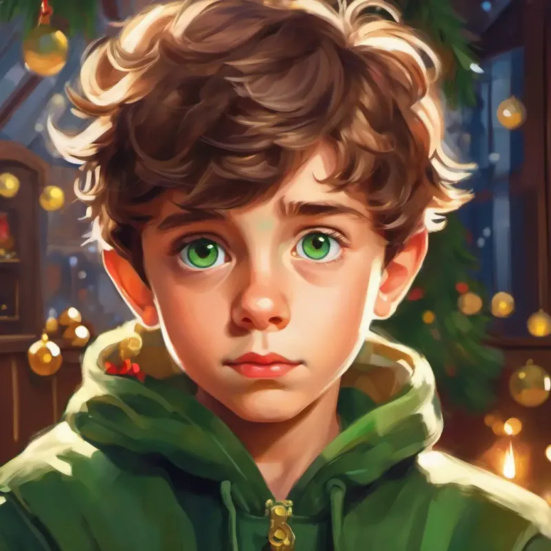Young boy with big green eyes, fair skin, and a curious expression reflecting on the day, feeling responsible and strong due to self-control, emphasizing positive impact of self-management.