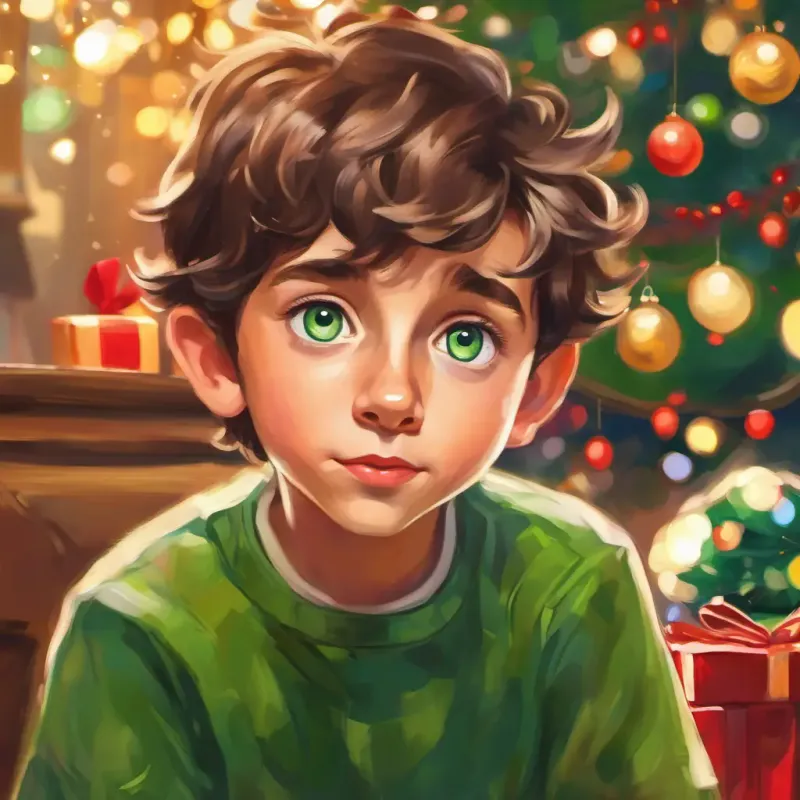 Young boy with big green eyes, fair skin, and a curious expression feeling positive and content, understanding self-management's impact on interactions, realizing happiness from self-control.