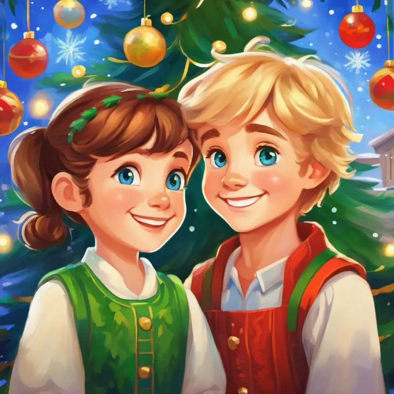 Girl with brown hair, blue eyes, shy smile and Boy with blond hair, green eyes, friendly grin play together, enjoying each other's company.