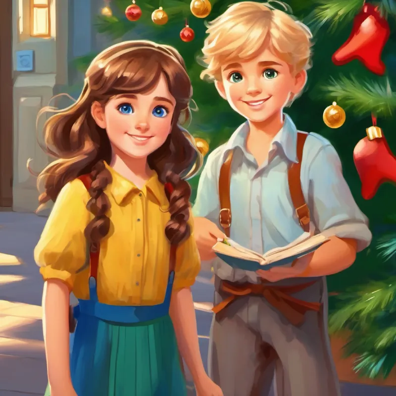 Girl with brown hair, blue eyes, shy smile takes a brave step and shares a note with Boy with blond hair, green eyes, friendly grin.