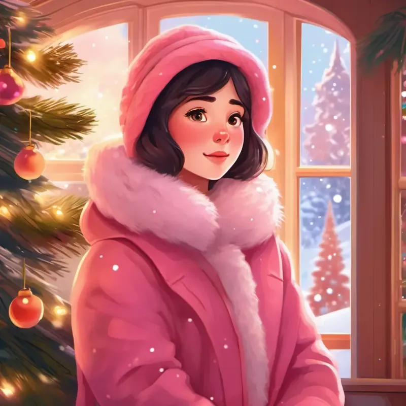 A girl with rosy cheeks, sparkly eyes, in a pink winter coat's cozy home, a girl named A girl with rosy cheeks, sparkly eyes, in a pink winter coat, with twinkling eyes, thinking of the holiday season.