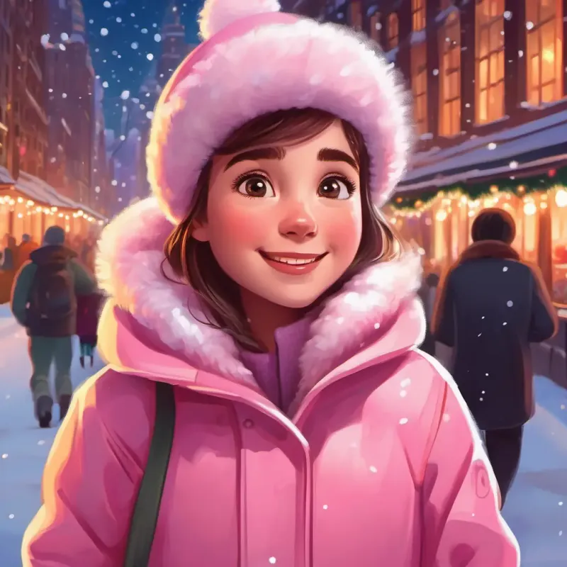 A girl with rosy cheeks, sparkly eyes, in a pink winter coat excited about going to New York for Christmas, dreaming of lights and snow.