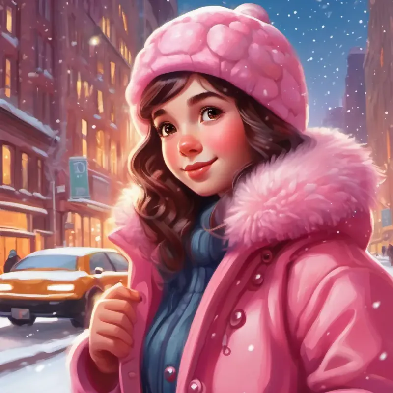 A girl with rosy cheeks, sparkly eyes, in a pink winter coat eager to explore the wonders of New York during the holiday season.