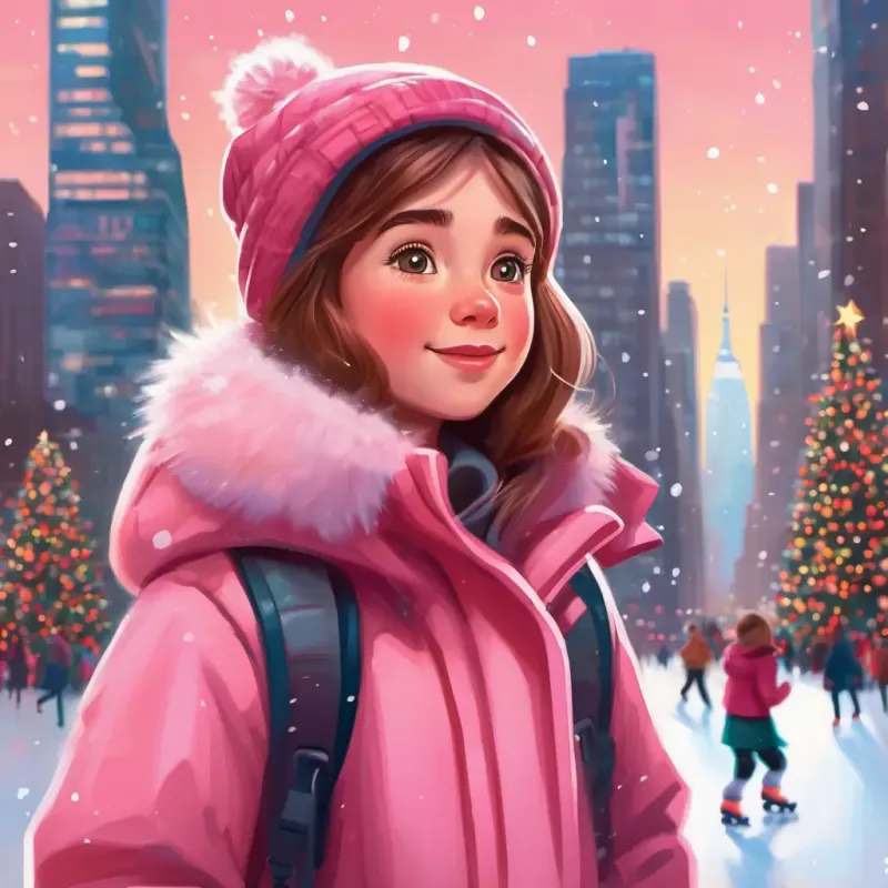 A girl with rosy cheeks, sparkly eyes, in a pink winter coat in New York City, amazed by skyscrapers, Christmas trees, and ice-skating rinks.