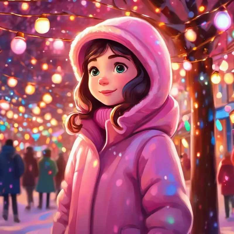 A girl with rosy cheeks, sparkly eyes, in a pink winter coat amazed by the colorful lights and decorations, feeling like in a wonderland.