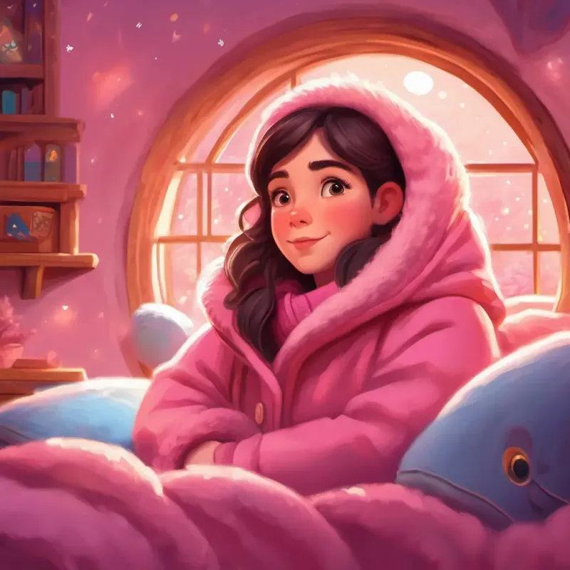 A girl with rosy cheeks, sparkly eyes, in a pink winter coat in her cozy bed, thinking about her magical adventures, ready to sleep.