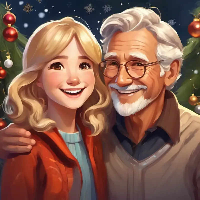 Wavy blond hair, brown eyes, joyful expression's gratitude towards Friendly older man, welcoming smile, kind eyes and her optimism for the future.