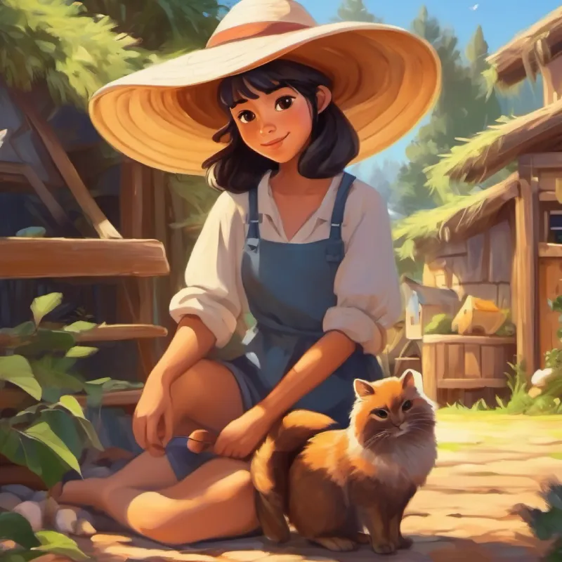 Morning chores, Luna, a girl with tanned skin, brown eyes, wearing a sunhat taking care of animals.